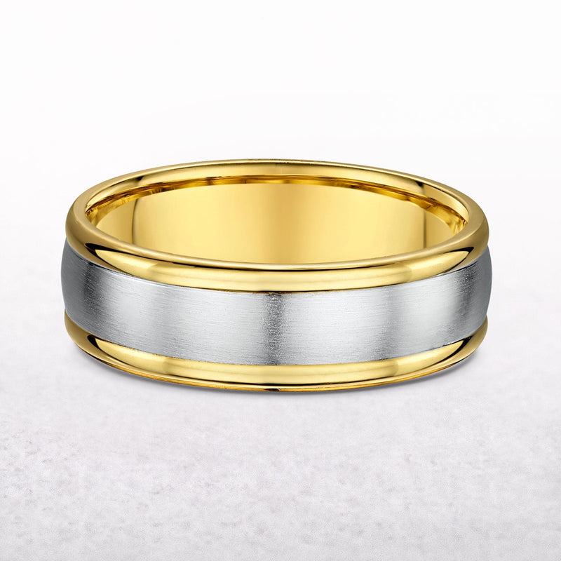 7mm Two Tone Gents White Gold Satin Centre & Yellow Gold Polished Edge Wedding Band In 9ct Gold