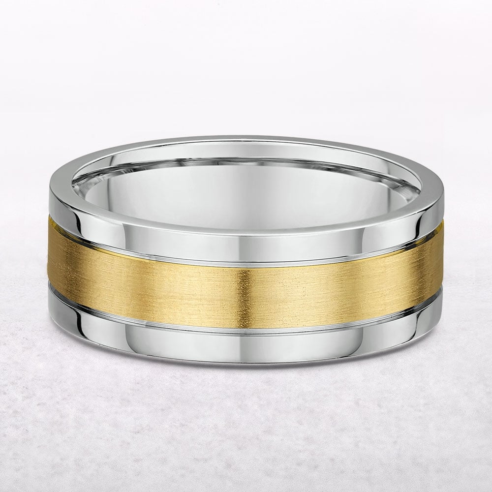 7mm Two Tone Yellow Gold Satin Centre & White Gold Polished Edge Wedding Band In 18ct Gold