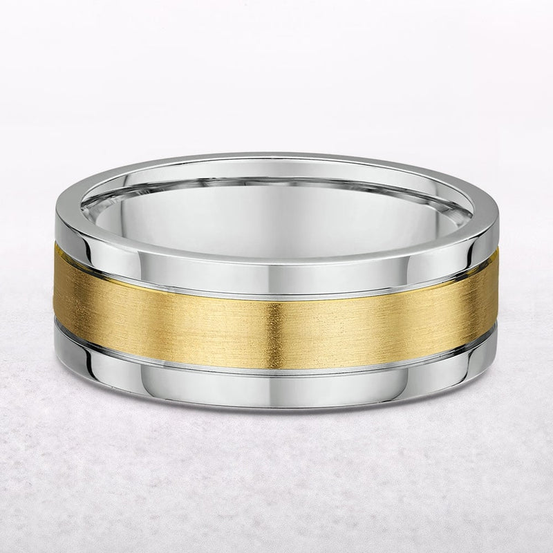 7mm Two Tone Yellow Gold Satin Centre & White Gold Polished Edge Wedding Band In 18ct Gold