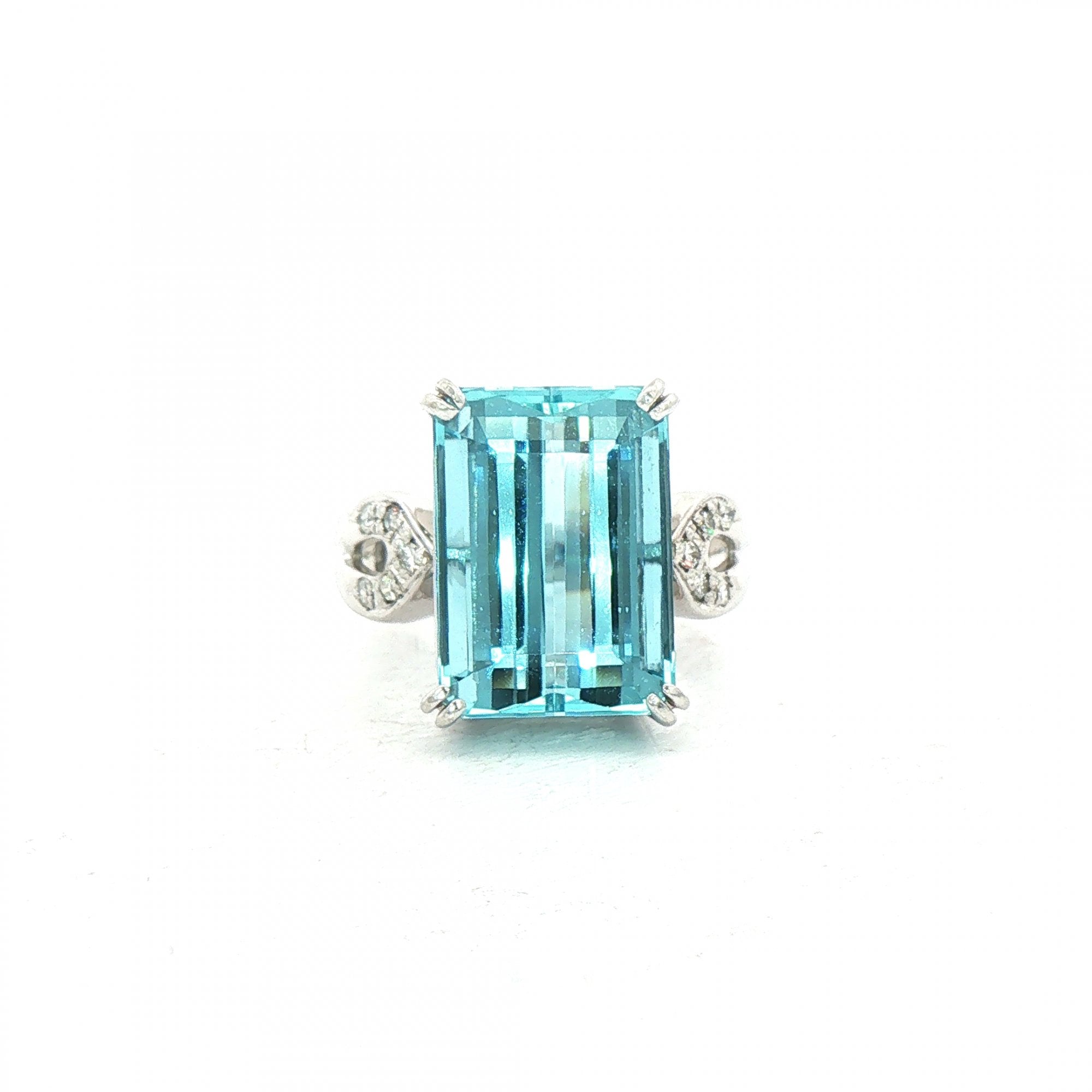 8.25 Emerald Cut Aquamarine & 0.10ct Natural Diamond Shoulders Ring in Platinum