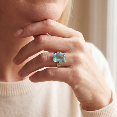 8.25 Emerald Cut Aquamarine & 0.10ct Natural Diamond Shoulders Ring in Platinum