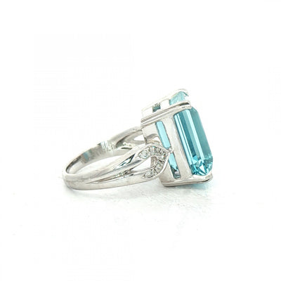 8.25 Emerald Cut Aquamarine & 0.10ct Natural Diamond Shoulders Ring in Platinum