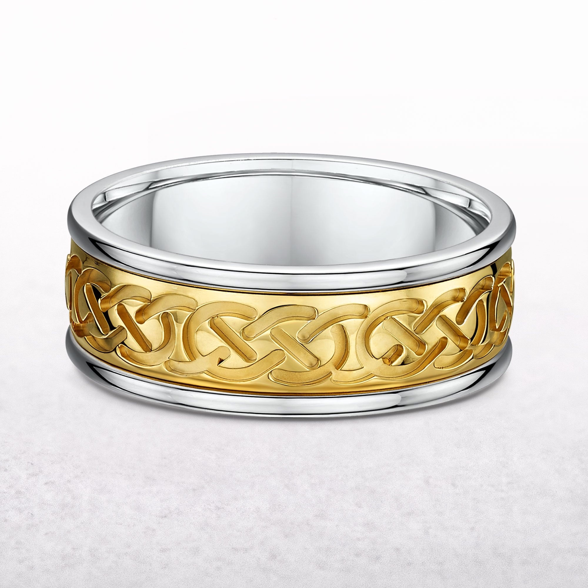 8.5mm Two Tone Gents Celtic Knot Wedding Band In 18ct Gold