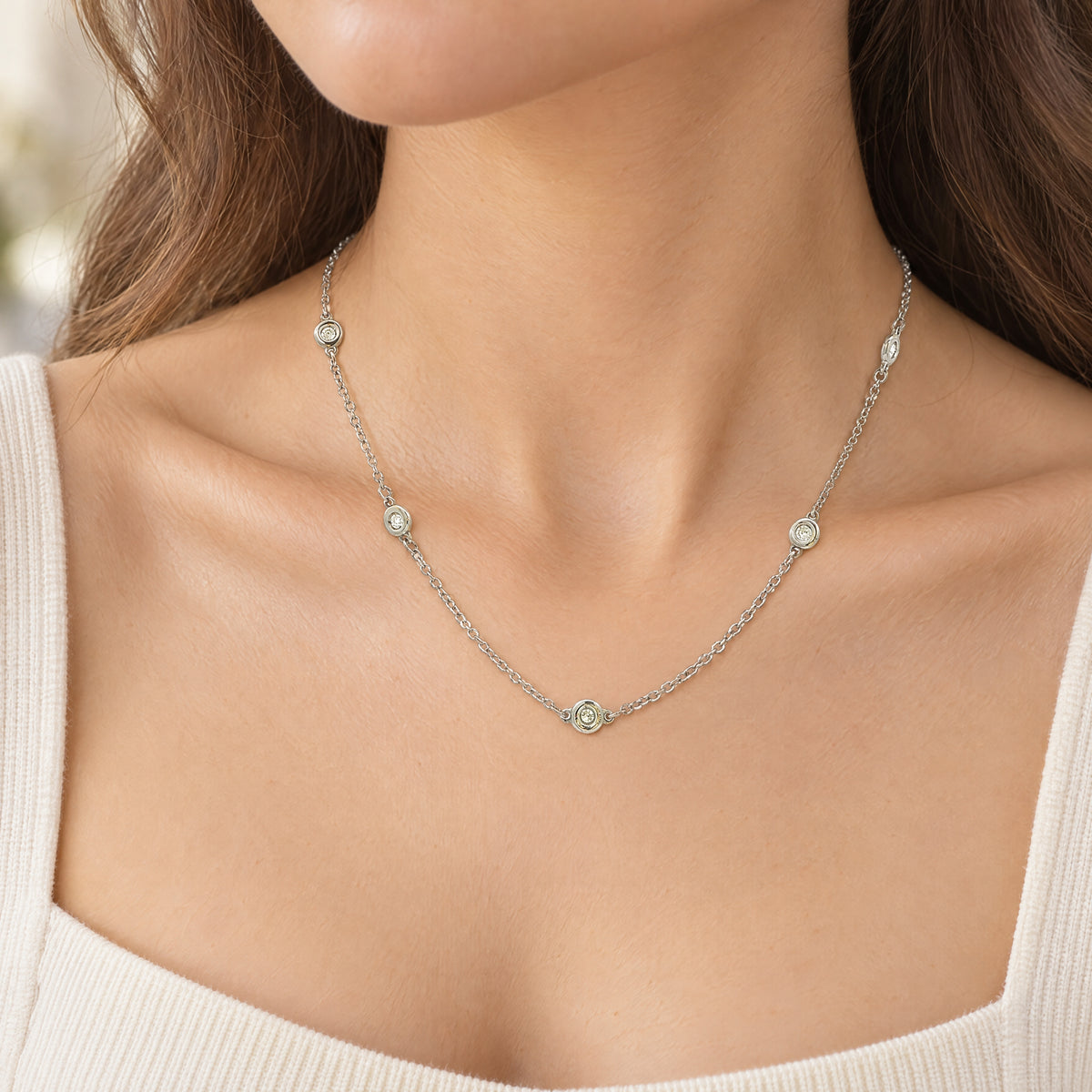 Random Bezel Set Natural Diamond Necklace in 18ct White Gold