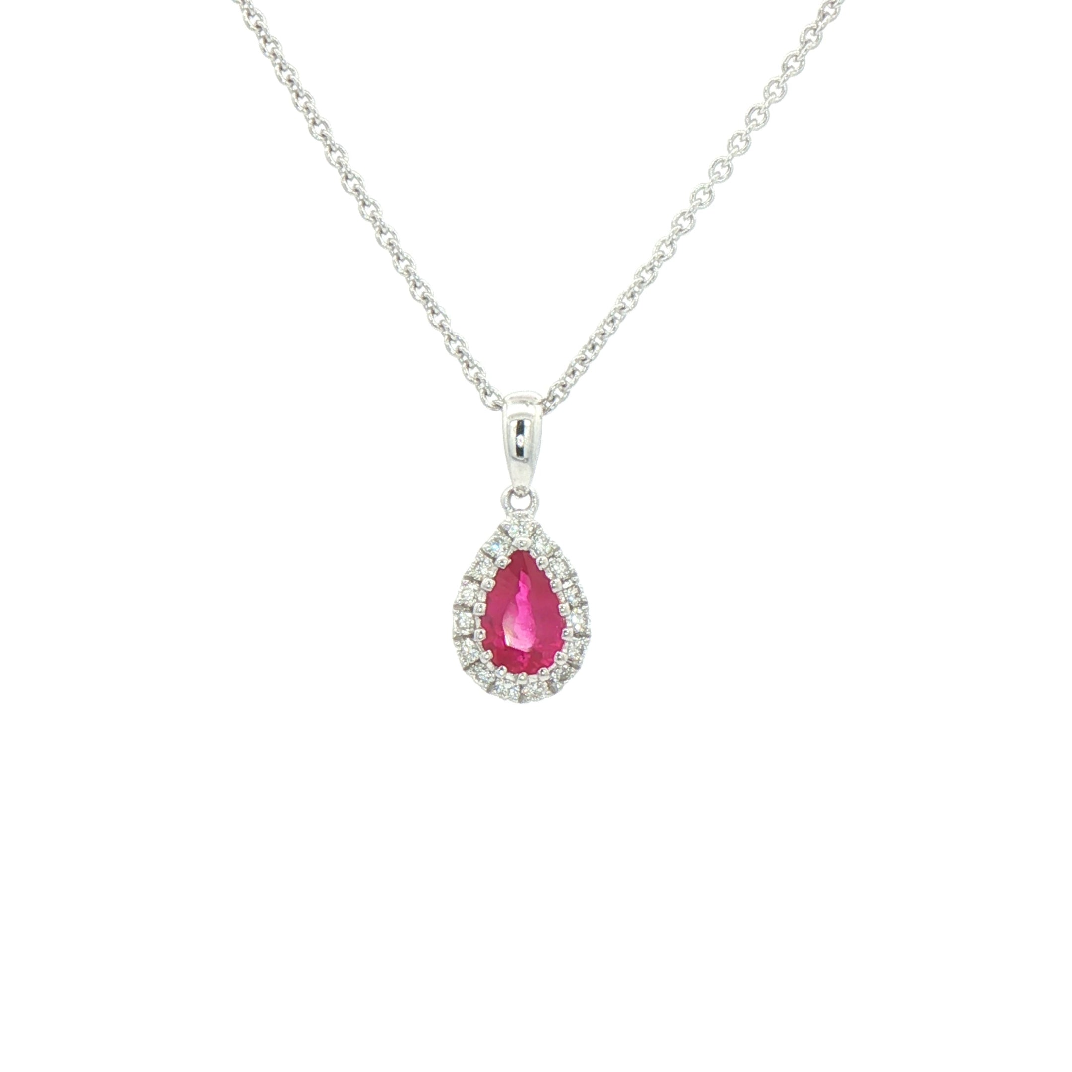 0.41ct Pear Drop Ruby & 0.11ct Natural Diamond Halo Pendant in 18ct White Gold