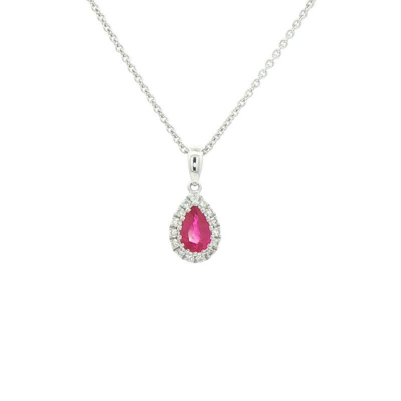 0.41ct Pear Drop Ruby & 0.11ct Natural Diamond Halo Pendant in 18ct White Gold