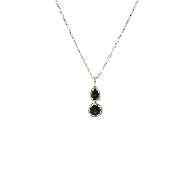 0.12ct Sapphire Pear and Round Sapphire & Diamond Pendant in 9ct White Gold