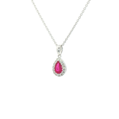 0.41ct Pear Drop Ruby & 0.11ct Natural Diamond Halo Pendant in 18ct White Gold