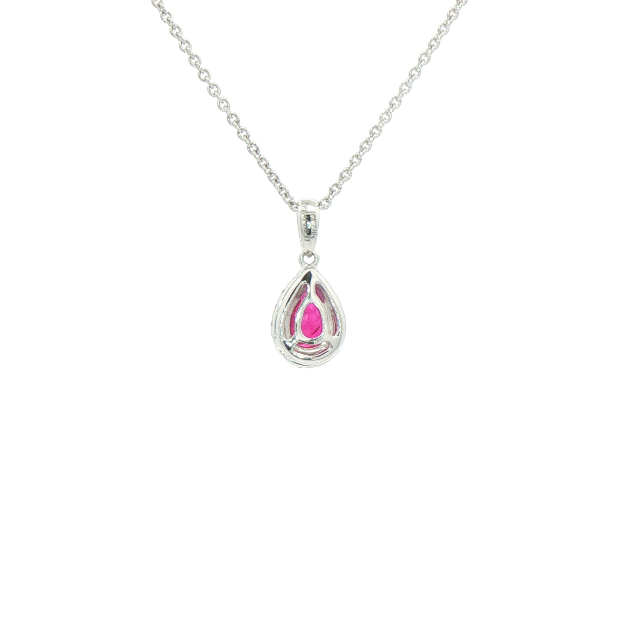 0.41ct Pear Drop Ruby & 0.11ct Natural Diamond Halo Pendant in 18ct White Gold