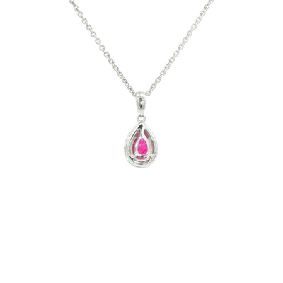 0.41ct Pear Drop Ruby & 0.11ct Natural Diamond Halo Pendant in 18ct White Gold