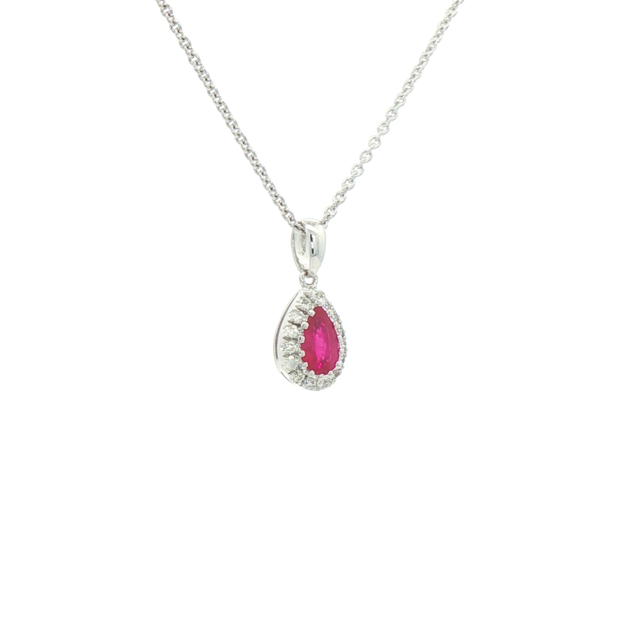 0.41ct Pear Drop Ruby & 0.11ct Natural Diamond Halo Pendant in 18ct White Gold
