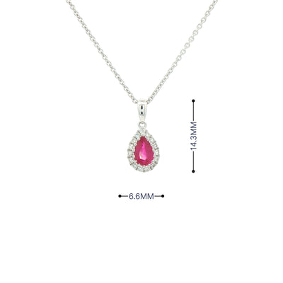 0.41ct Pear Drop Ruby & 0.11ct Natural Diamond Halo Pendant in 18ct White Gold