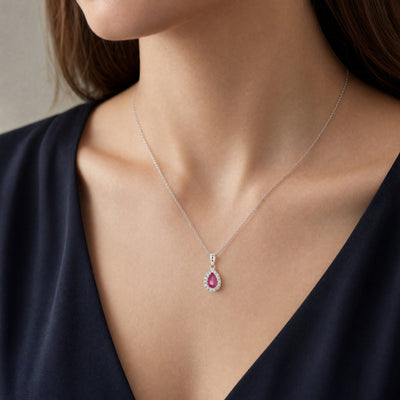 0.41ct Pear Drop Ruby & 0.11ct Natural Diamond Halo Pendant in 18ct White Gold