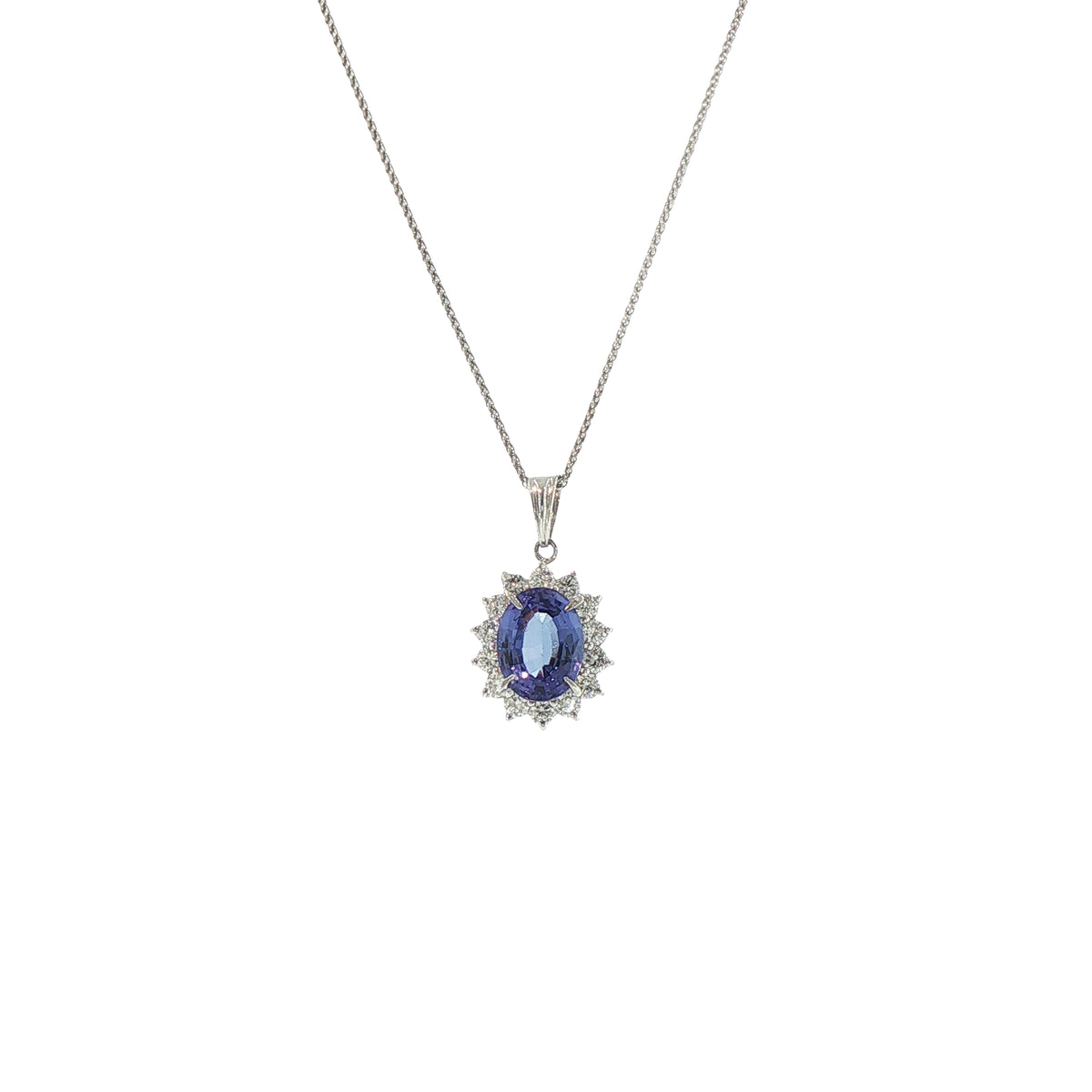 Vintage Platinum Oval 2.98 Tanzanite and 0.69 Diamond Cluster Pendant and Chain