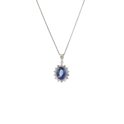 Vintage Platinum Oval 2.98 Tanzanite and 0.69 Diamond Cluster Pendant and Chain