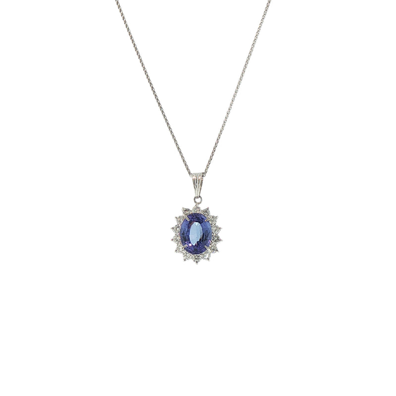 Vintage Platinum Oval 2.98 Tanzanite and 0.69 Diamond Cluster Pendant and Chain