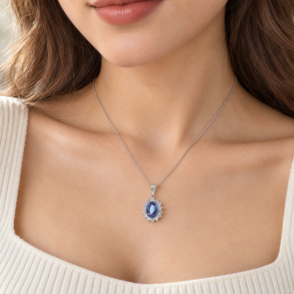 Vintage Platinum Oval 2.98 Tanzanite and 0.69 Diamond Cluster Pendant and Chain