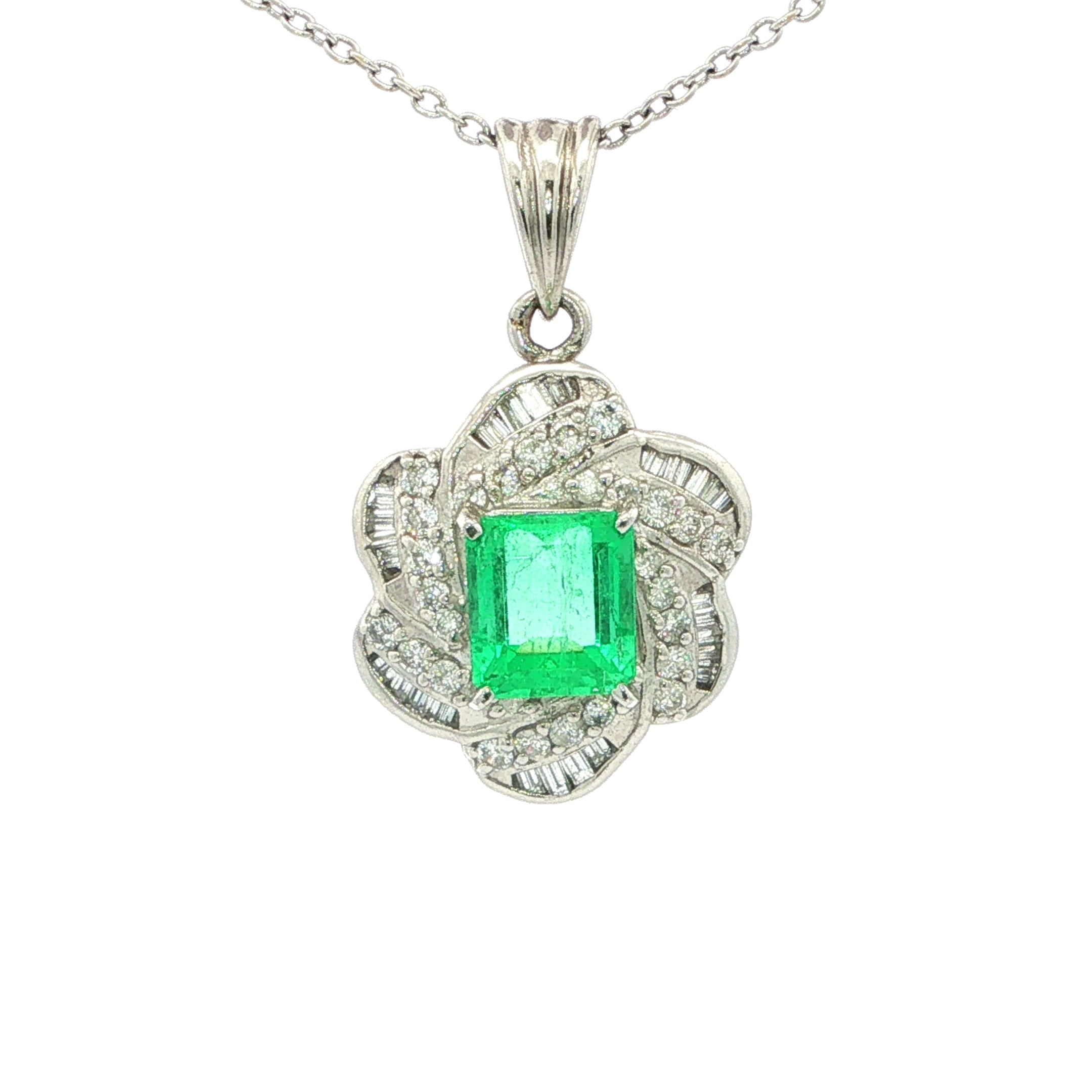 Plantinum Emerald 1.81ct and Diamond 0.64ct Cluster Swirl Pendant