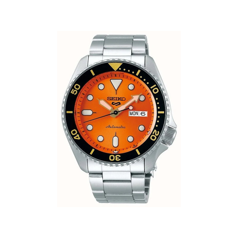 Seiko Gents 5 Sports Automatic Orange Dial and Black Bezel on Stainless Steel Bracelet
