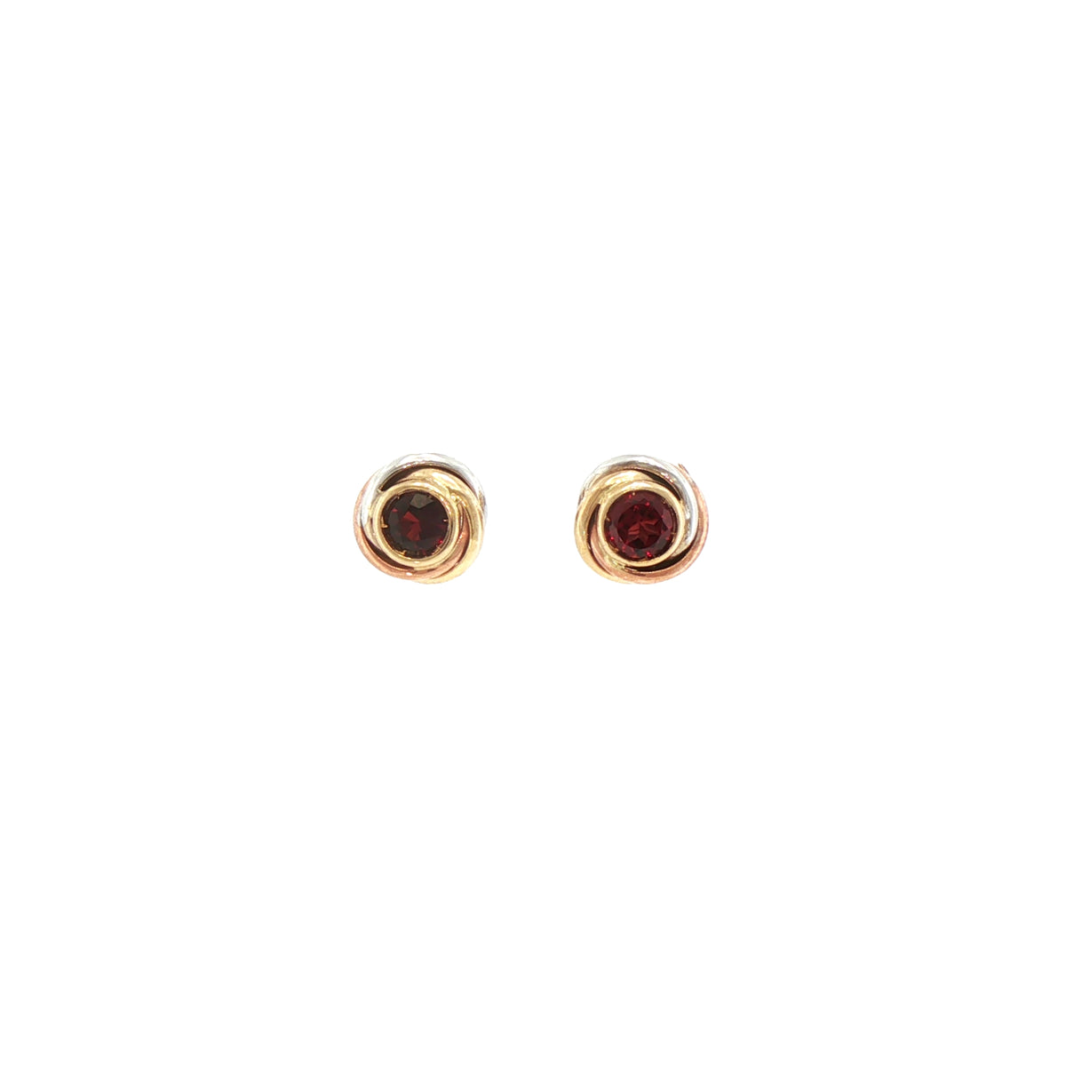 Garnet Two-Toned Knot Earrings in 9ct Yellow and White Gold