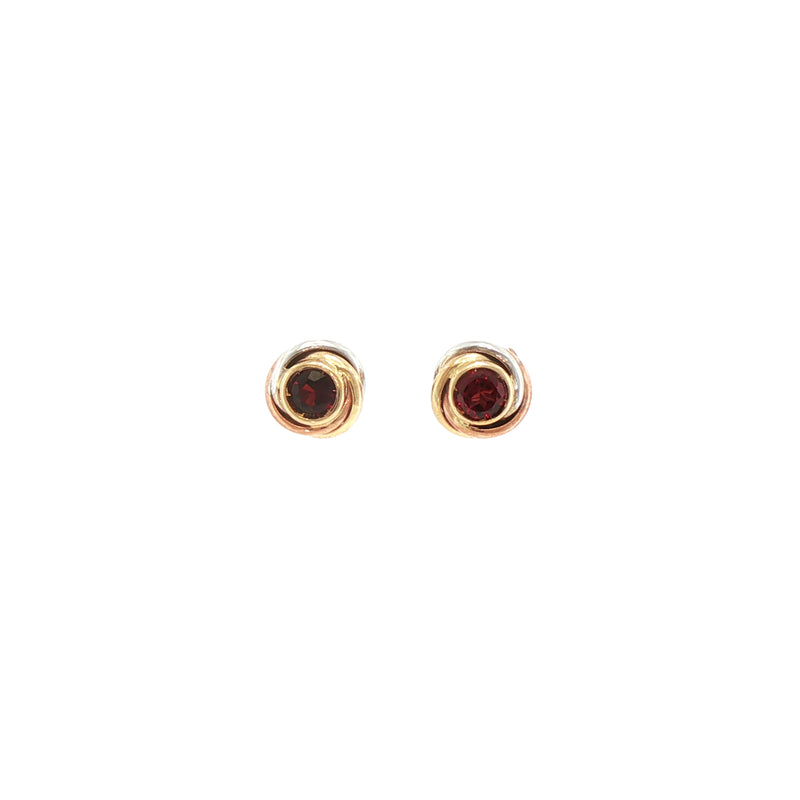 Garnet Two-Toned Knot Earrings in 9ct Yellow and White Gold