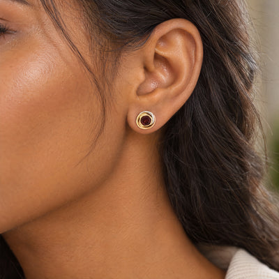 Garnet Two-Toned Knot Earrings in 9ct Yellow and White Gold