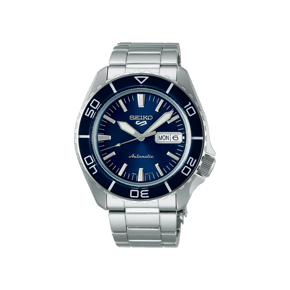 Seiko Gents 5 Sports Automatic DayDate Blue Dial with Black Bezel on Stainless Steel Bracelet