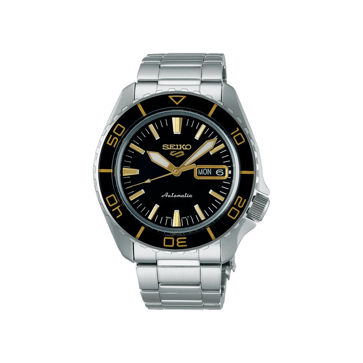 Seiko Gents 5 Sports Automatic Black & Gold Dial and Bezel on Stainless Steel Bracelet