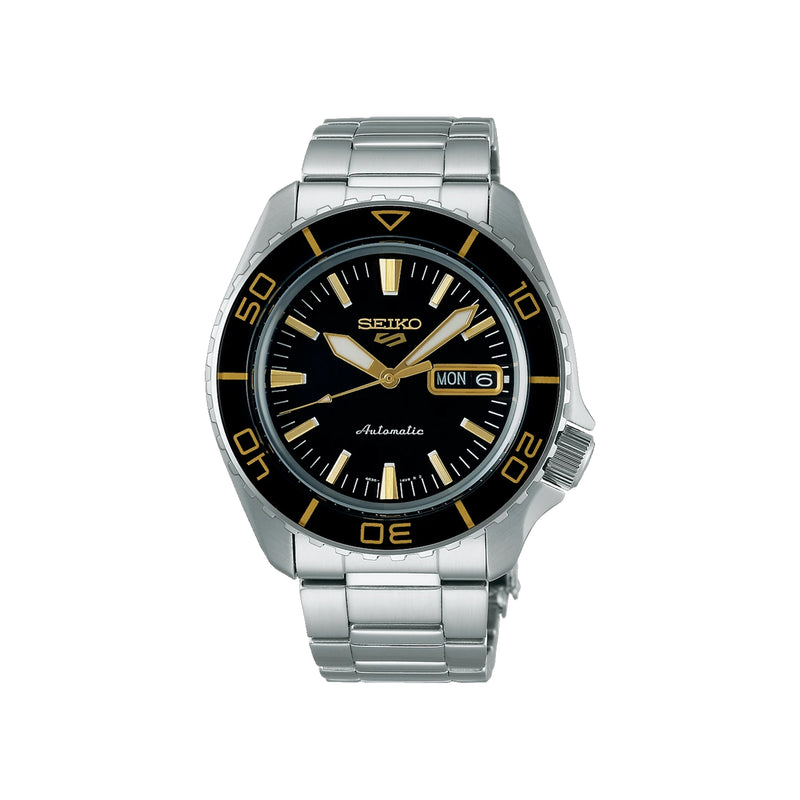 Seiko Gents 5 Sports Automatic Black & Gold Dial and Bezel on Stainless Steel Bracelet