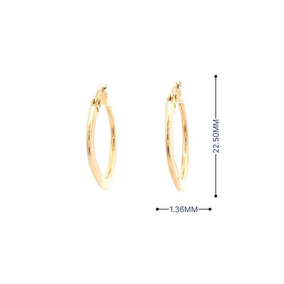 Plain Medium Flat Square Hoop Earring in 9ct Yellow Gold