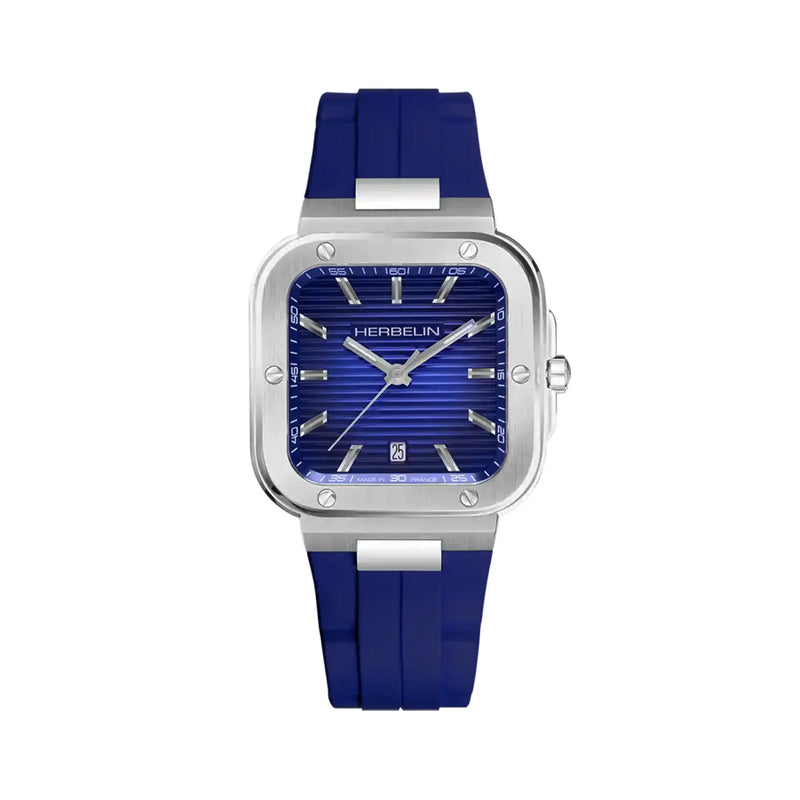 Gents Herbelin Square Blue Dial in Stainless Steel Case on Rubber Strap