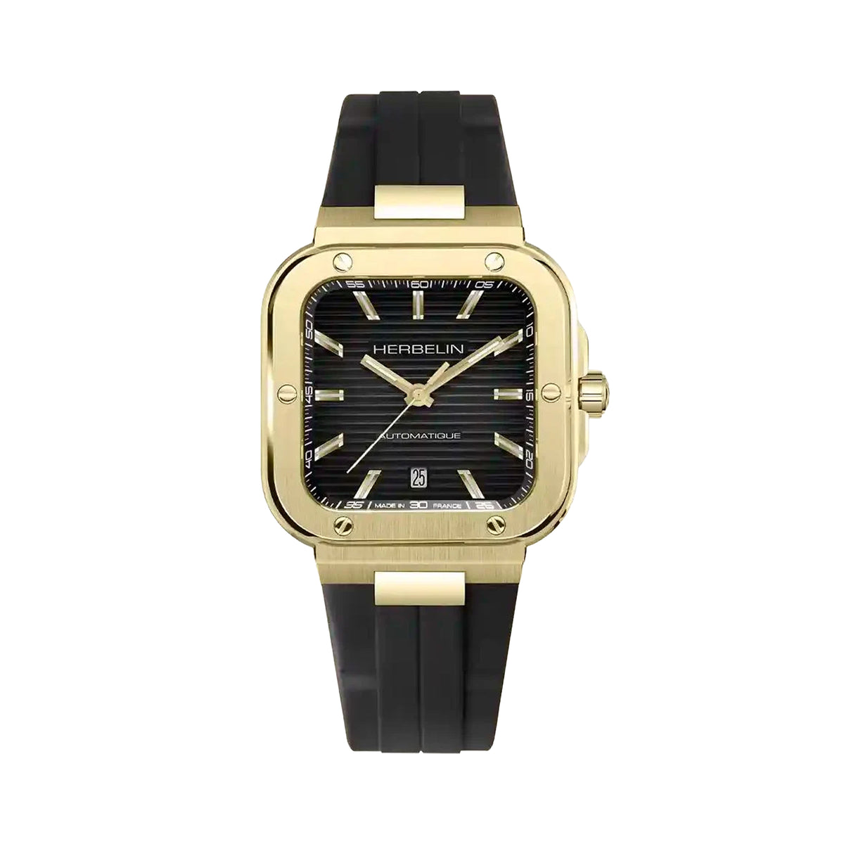 Gents Herbelin Camarat Automatic Gold-Plated Square Black Dial on Rubber Strap