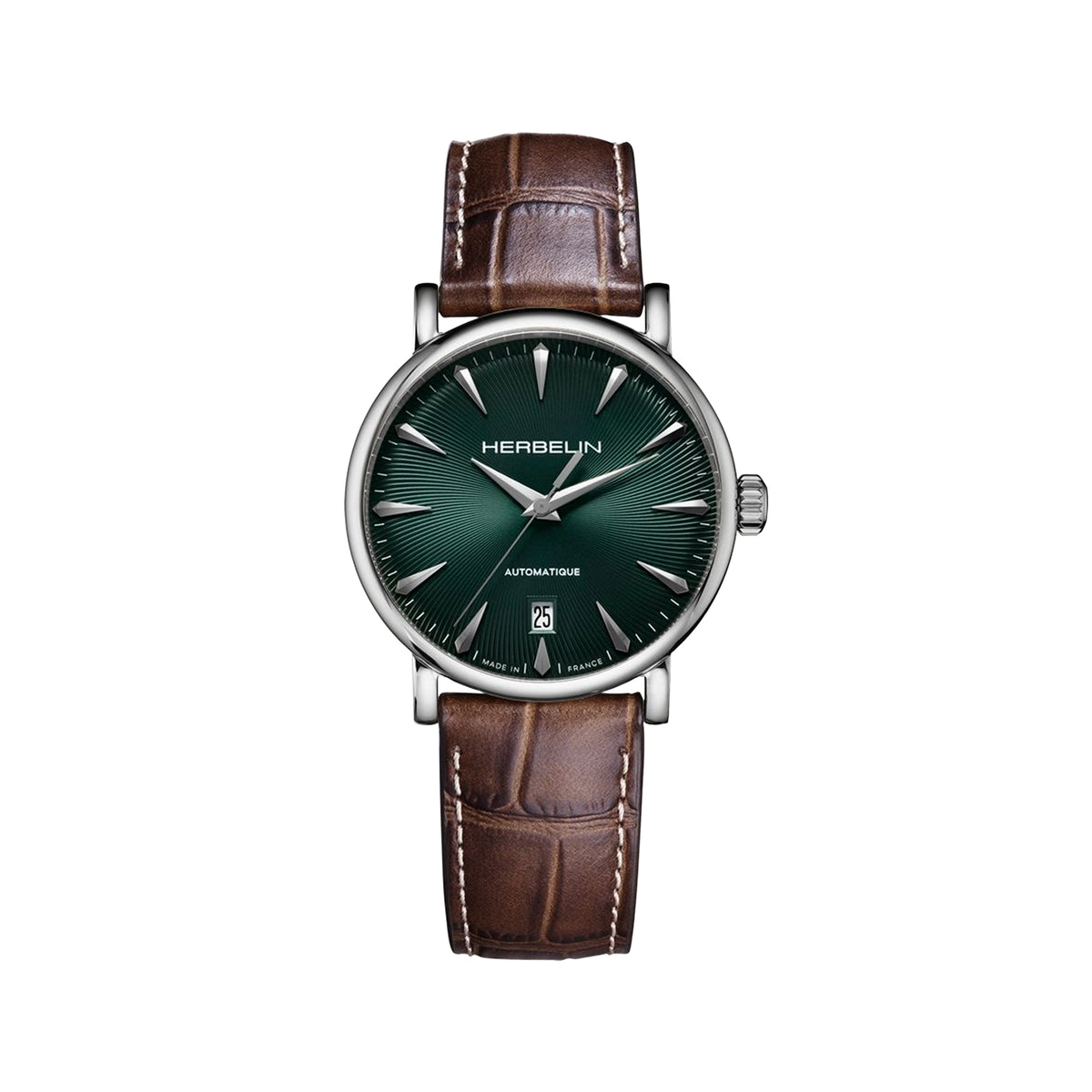 Gents Herbelin 38mm Automatic Green Dial Brown Strap Watch in Stainless Steel
