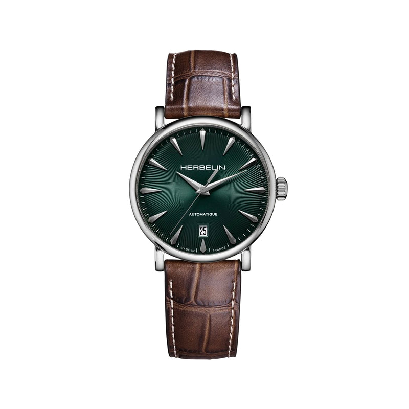 Gents Herbelin 38mm Automatic Green Dial Brown Strap Watch in Stainless Steel