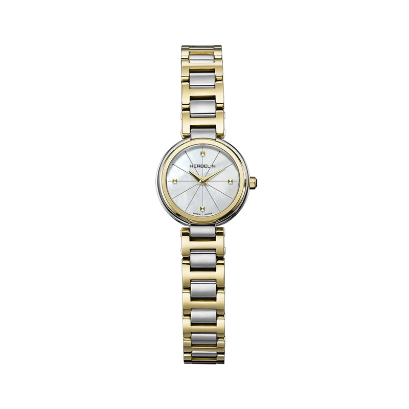 Ladies Herbelin Lady H Quartz White Mother-of-Pearl and Two-Toned Bracelet Watch in Yellow Gold and Stainless Steel