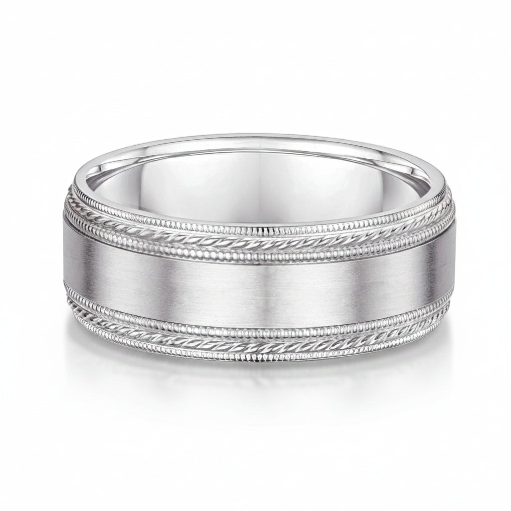8mm Gents Ornate Double Edged Wedding Band In 9ct White Gold