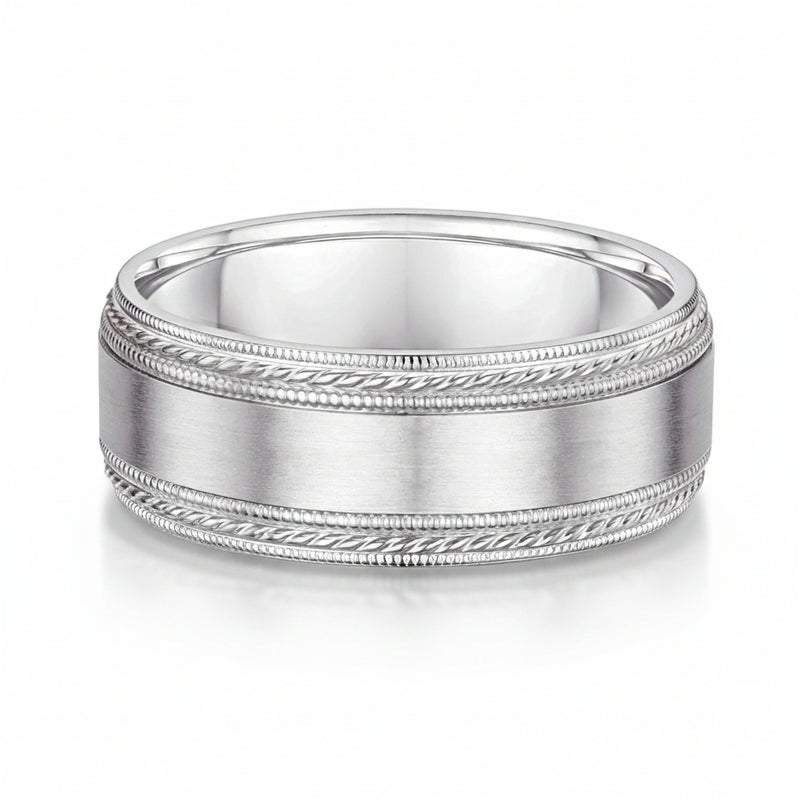 8mm Gents Ornate Double Edged Wedding Band In 9ct White Gold