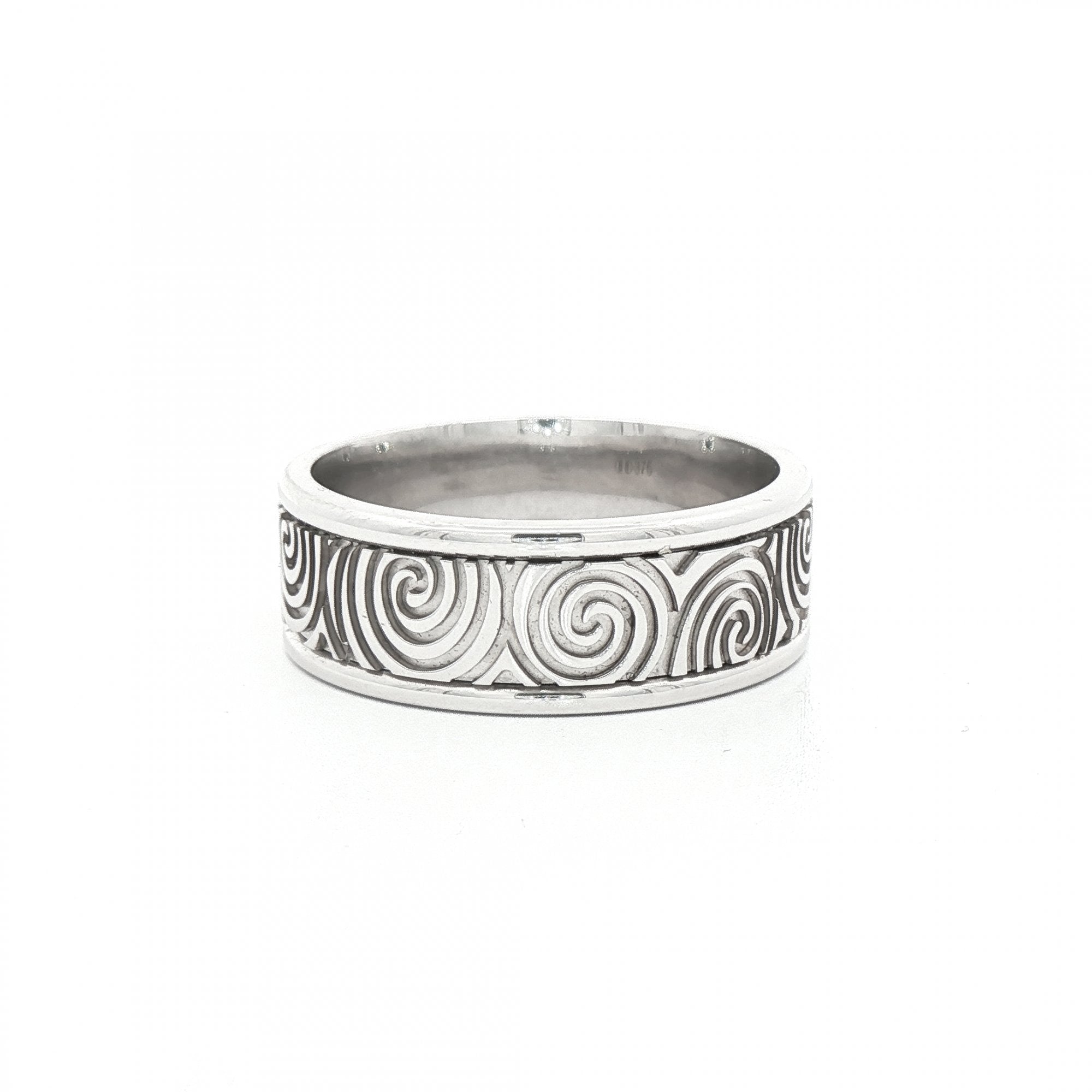 8mm Newgrange Spiral Design Gents Wedding Band In 9ct White Gold