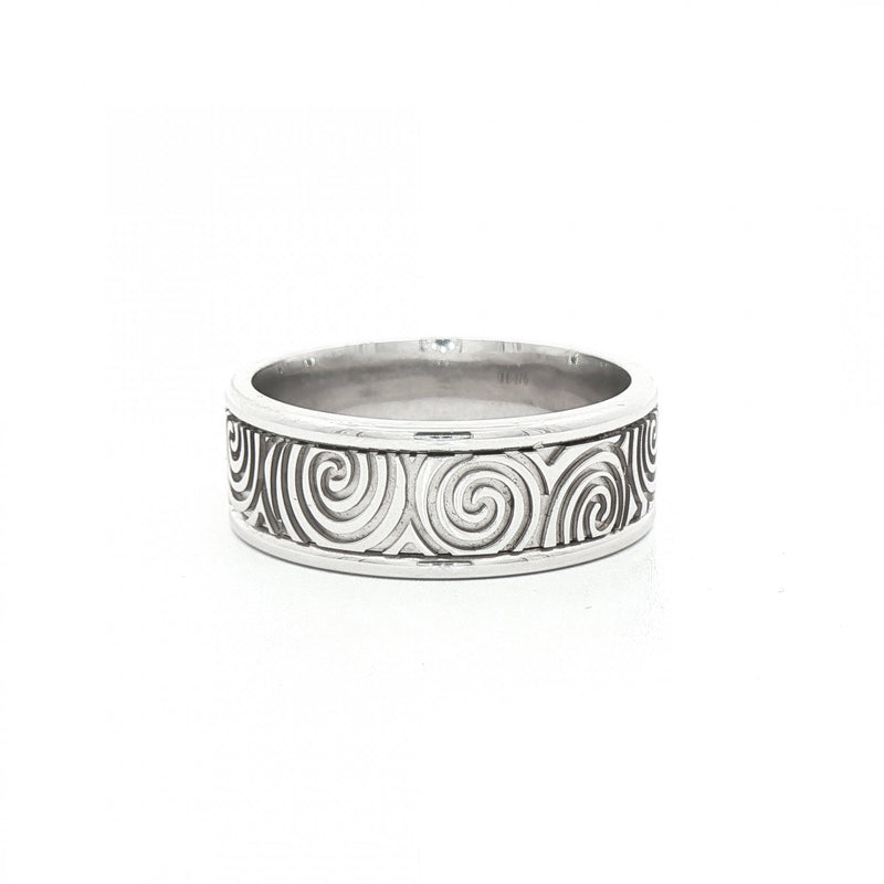 8mm Newgrange Spiral Design Gents Wedding Band In 9ct White Gold