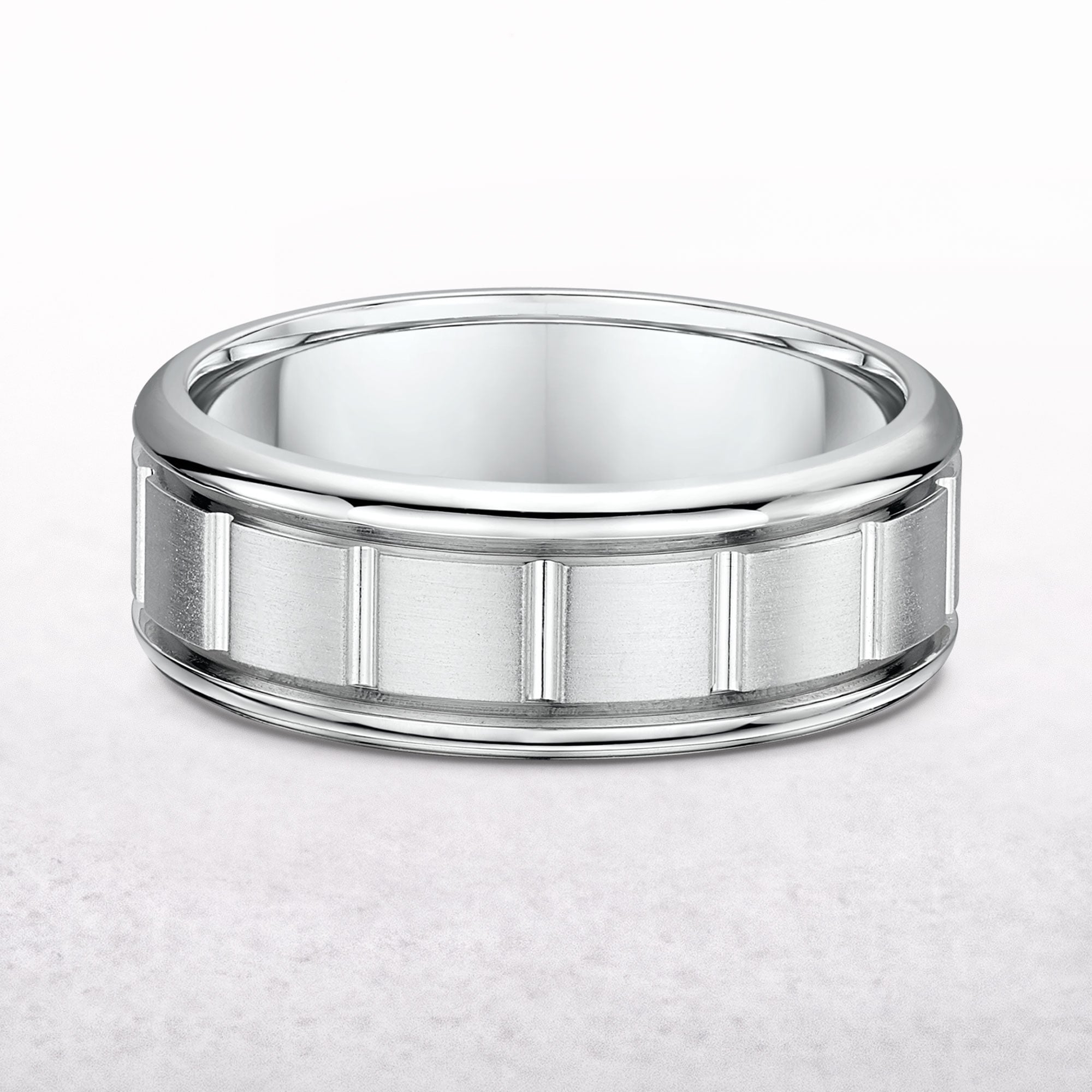 8mm Satin Centre & Polished Edge Gents Fancy Wedding Band In 9ct White Gold