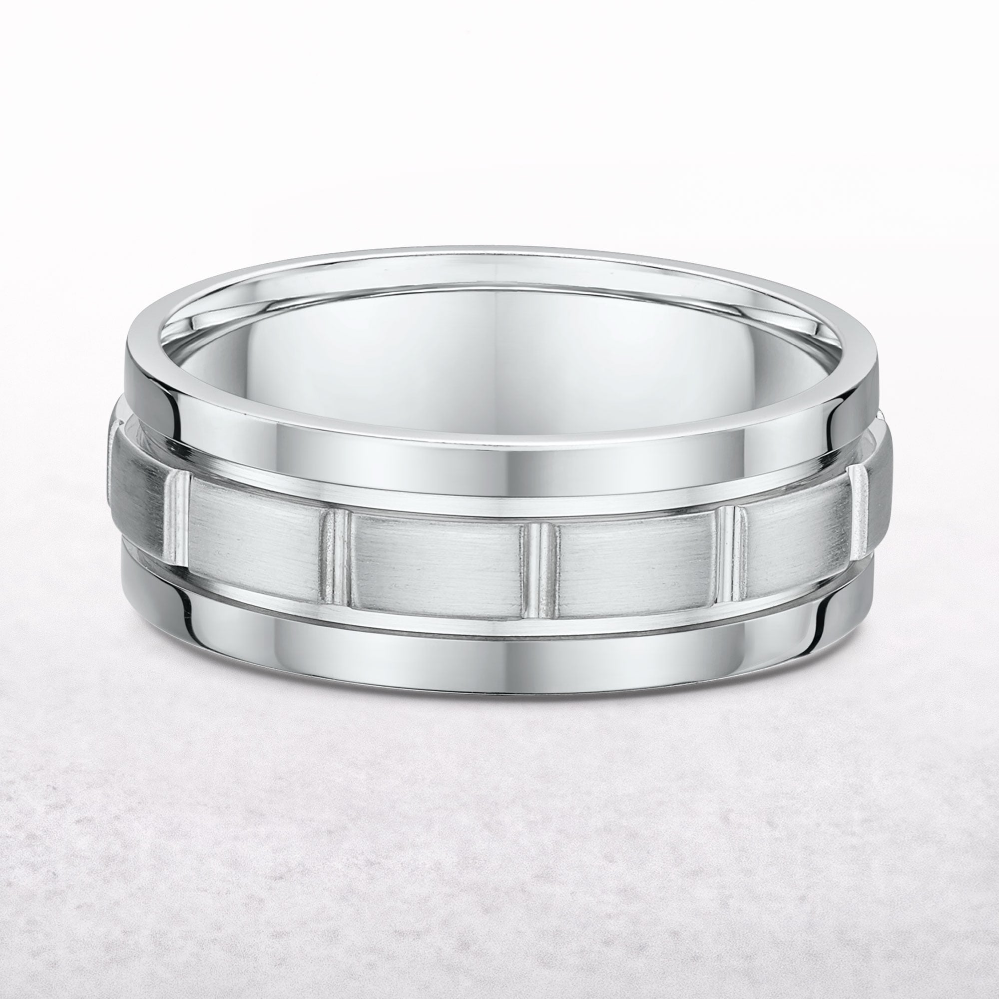 8mm Satin & Polished Detailed Gents Wedding Band In 9ct White Gold