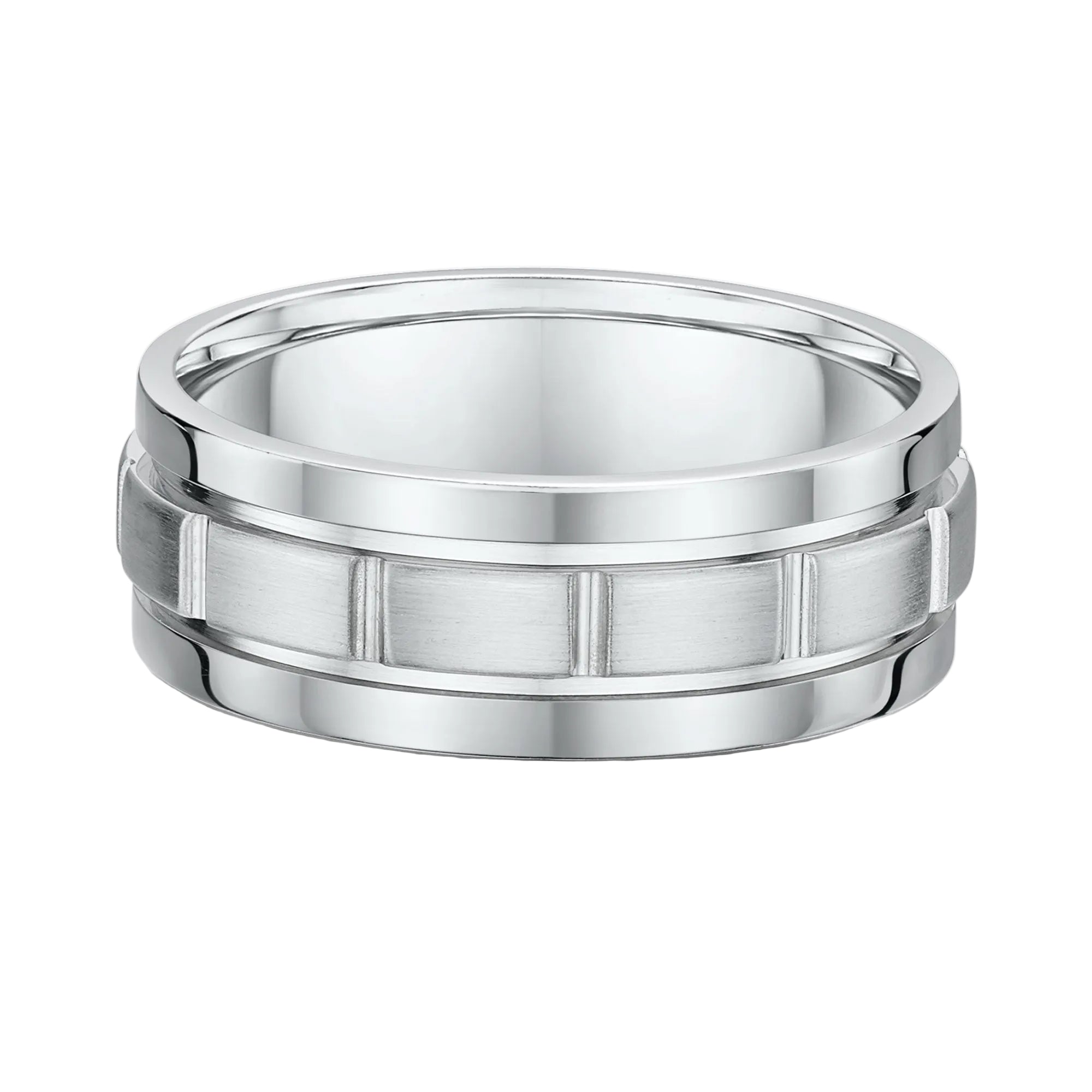 8mm Satin & Polished Detailed Gents Wedding Band In 9ct White Gold