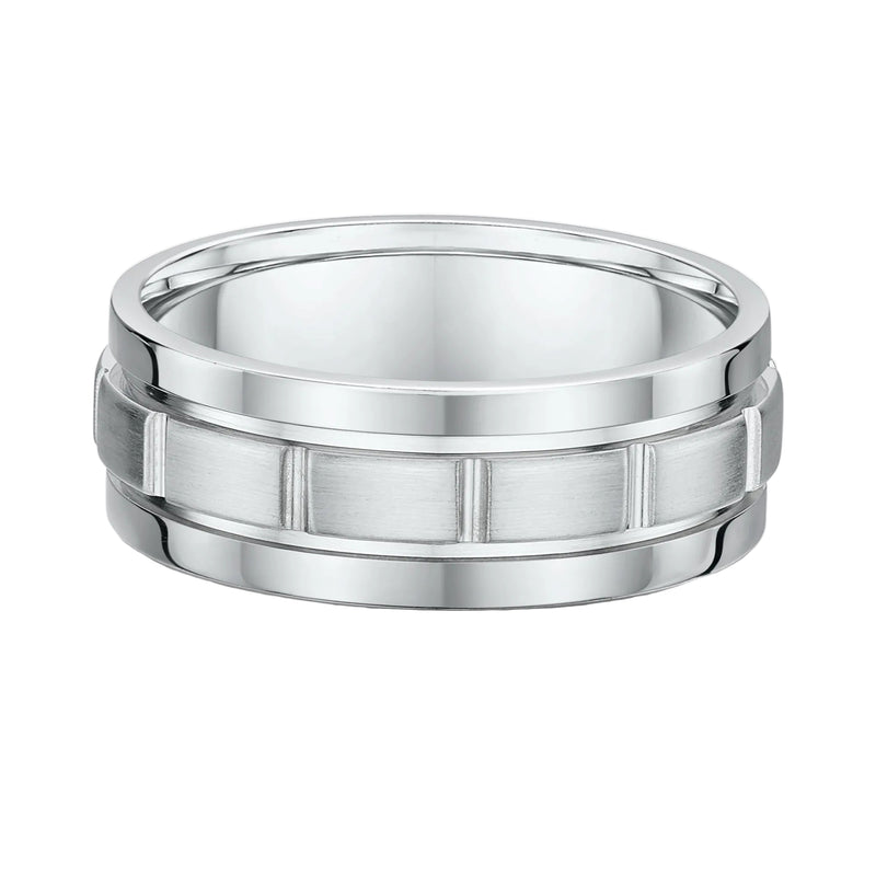 8mm Satin & Polished Detailed Gents Wedding Band In 9ct White Gold