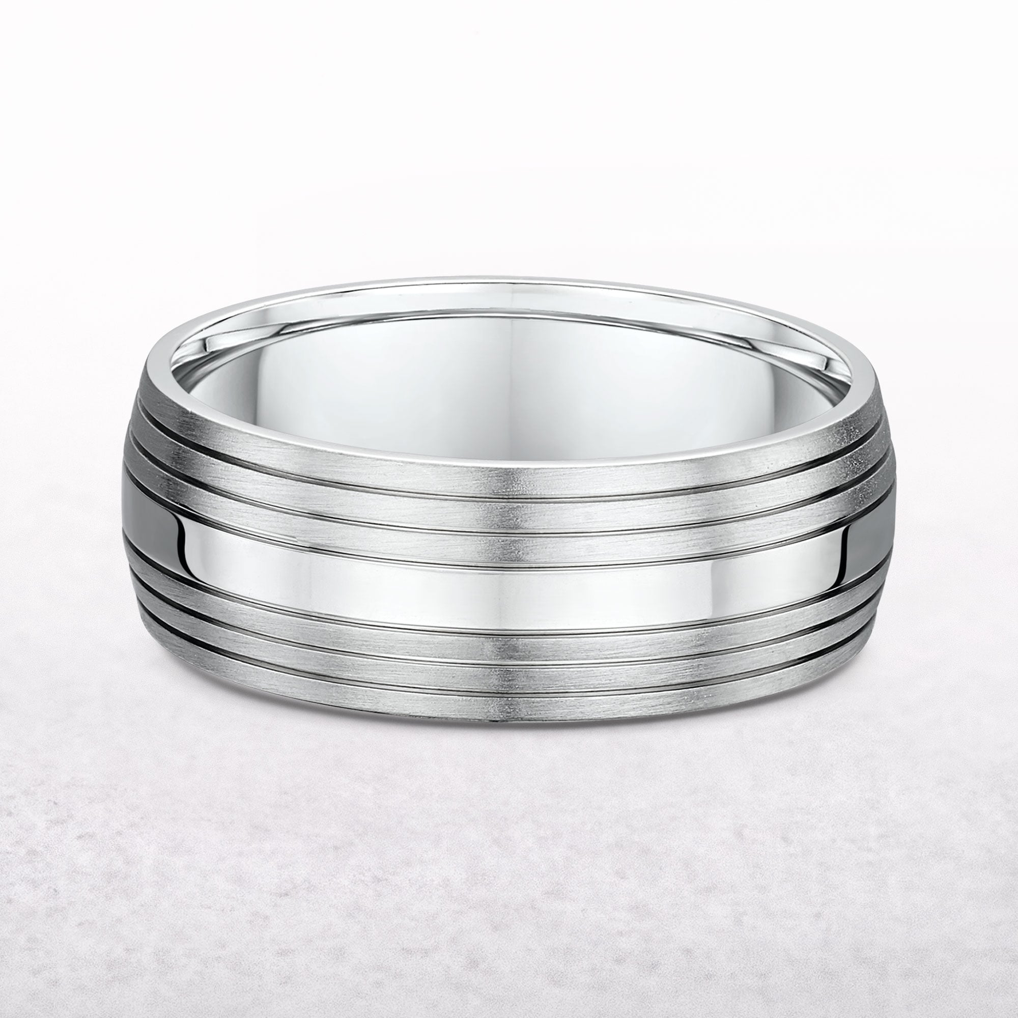 8mm Satin & Polished Gents Fancy Wedding Band In 9ct White Gold
