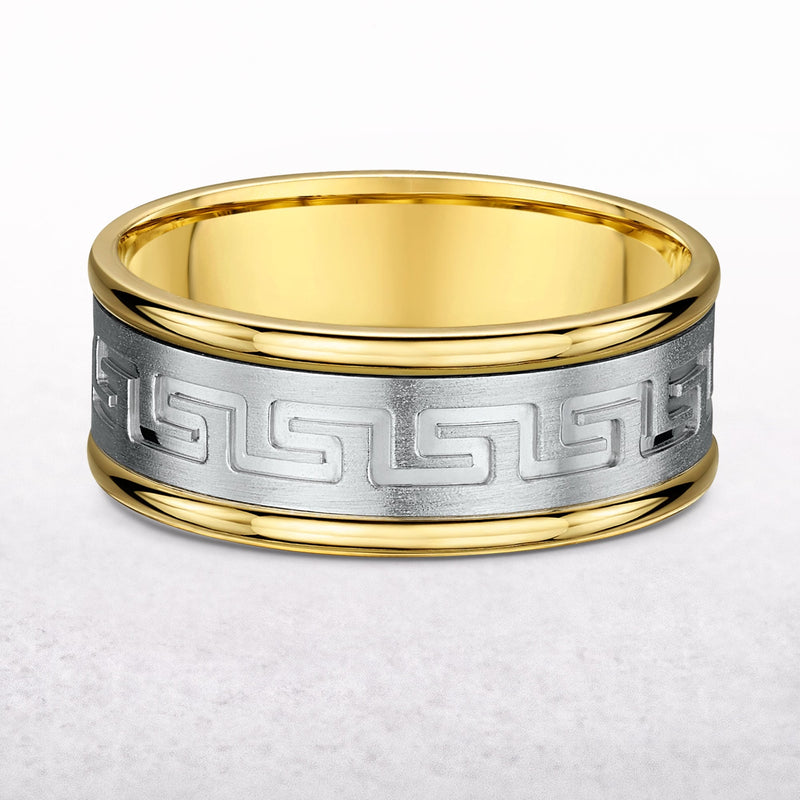 8mm Two Tone Gents Greek Pattern Wedding Band In 18ct Gold