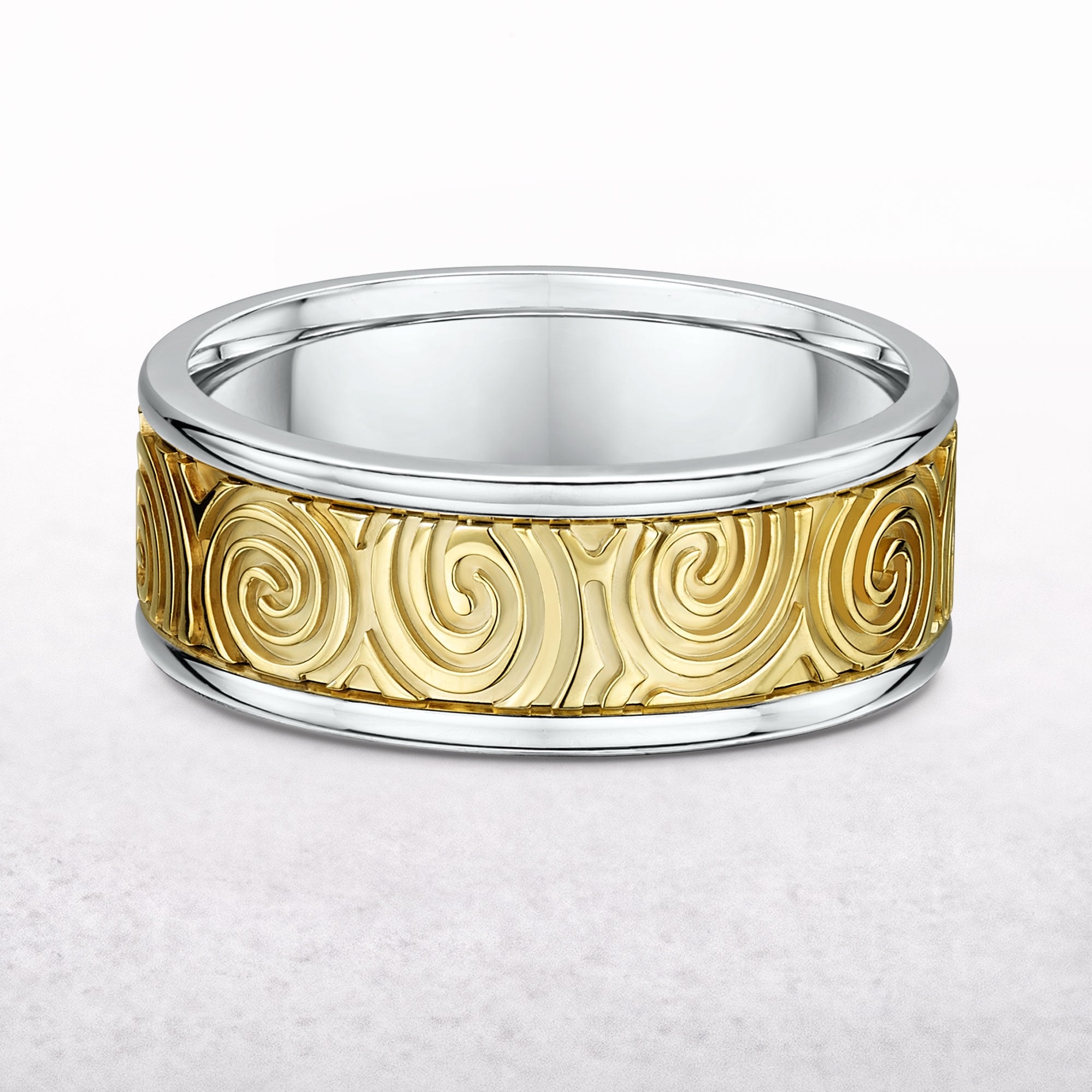 8mm Two Tone Gents Newgrange Spiral Design Wedding Band In 9ct Gold