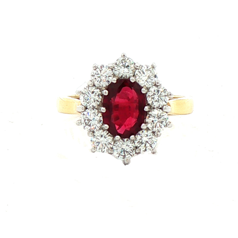1.35ct Ruby & 1.17ct Natural Diamond Oval Cluster Ring Set in 18ct Yellow Gold