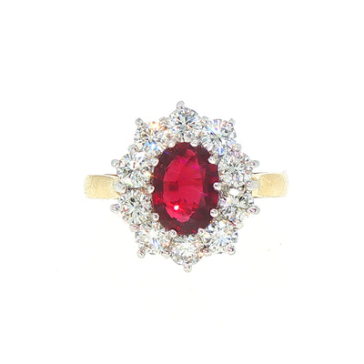 Natural Ruby and Diamond Oval Cluster Ring Set in 18ct Yellow Gold