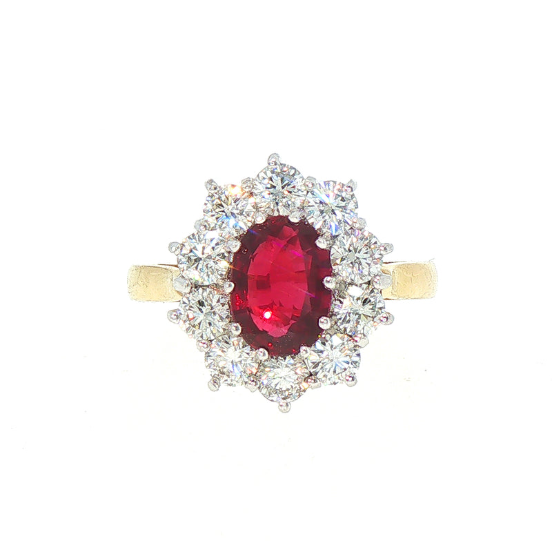 Natural Ruby and Diamond Oval Cluster Ring Set in 18ct Yellow Gold