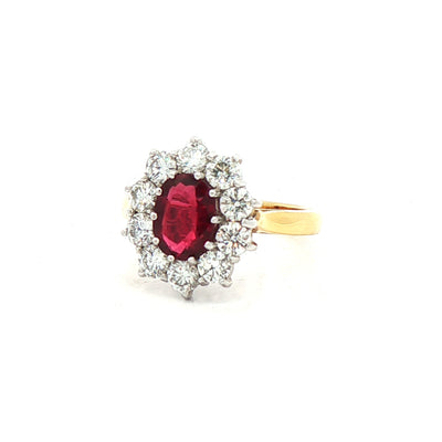 1.35ct Ruby & 1.17ct Natural Diamond Oval Cluster Ring Set in 18ct Yellow Gold